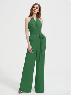 Halter Neckline Sleeveless Pleated Jumpsuit With Sash Emerald Plus Size