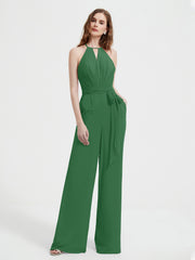 Halter Neckline Sleeveless Pleated Jumpsuit With Sash Emerald