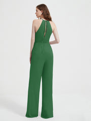 Halter Neckline Sleeveless Pleated Jumpsuit With Sash Emerald