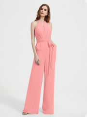 Halter Neckline Sleeveless Pleated Jumpsuit With Sash Flamingo Plus Size