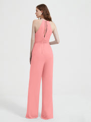 Halter Neckline Sleeveless Pleated Jumpsuit With Sash Flamingo