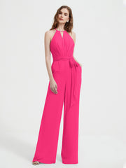 Halter Neckline Sleeveless Pleated Jumpsuit With Sash Fuchsia Plus Size