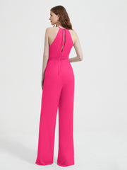Halter Neckline Sleeveless Pleated Jumpsuit With Sash Fuchsia Plus Size