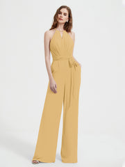 Halter Neckline Sleeveless Pleated Jumpsuit With Sash Gold