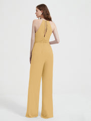 Halter Neckline Sleeveless Pleated Jumpsuit With Sash Gold Plus Size