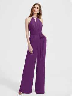 Halter Neckline Sleeveless Pleated Jumpsuit With Sash Grape Plus Size