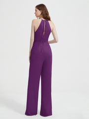 Halter Neckline Sleeveless Pleated Jumpsuit With Sash Grape