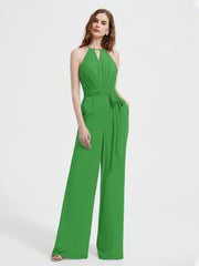 Halter Neckline Sleeveless Pleated Jumpsuit With Sash Green