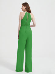 Halter Neckline Sleeveless Pleated Jumpsuit With Sash Green