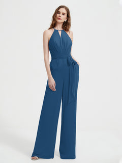 Halter Neckline Sleeveless Pleated Jumpsuit With Sash Ink Blue Plus Size