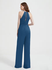 Halter Neckline Sleeveless Pleated Jumpsuit With Sash Ink Blue Plus Size