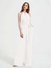 Halter Neckline Sleeveless Pleated Jumpsuit With Sash Ivory