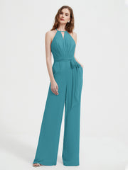 Halter Neckline Sleeveless Pleated Jumpsuit With Sash Jade Plus Size