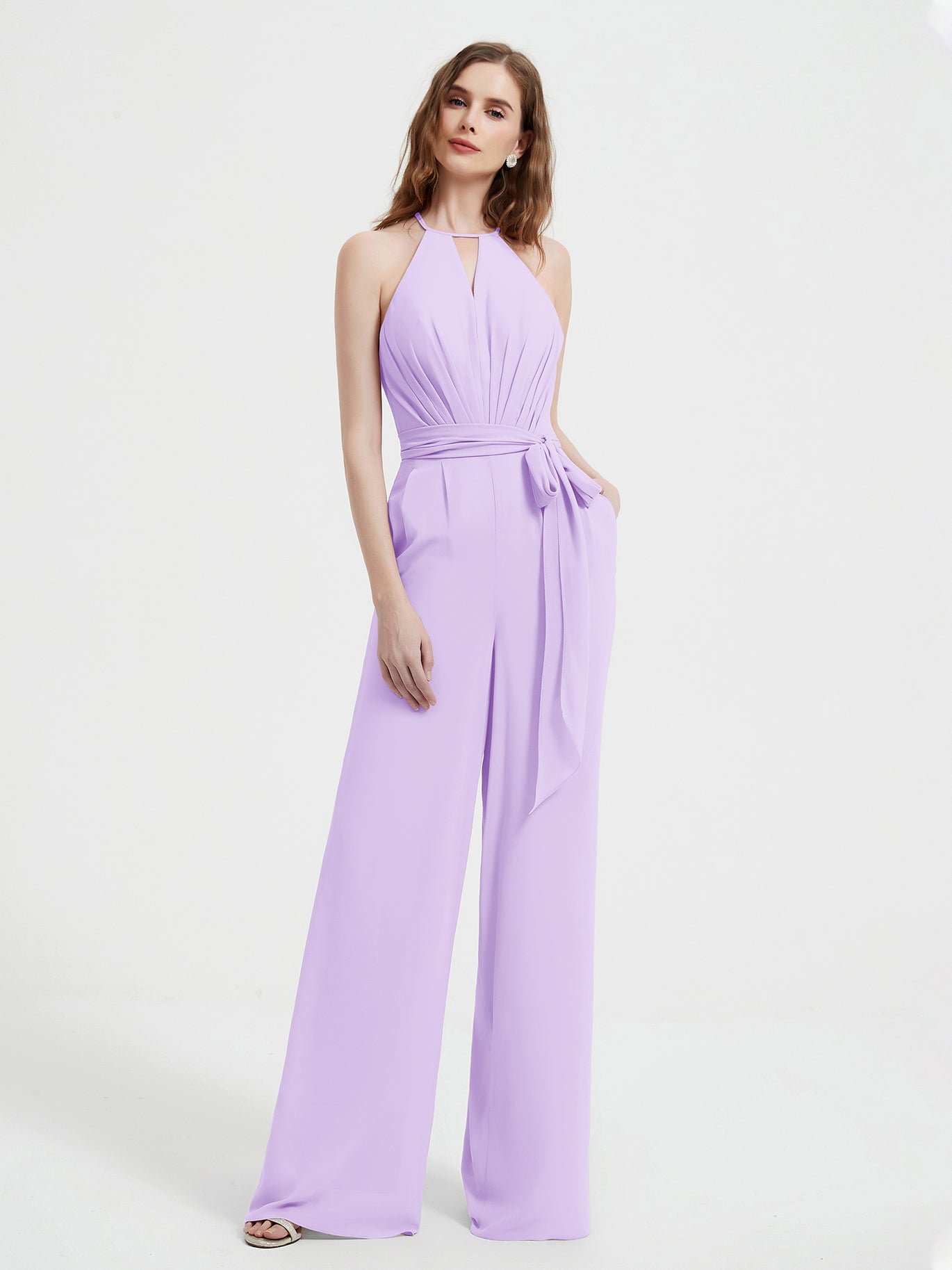 BABARONI Halter Neckline Sleeveless Pleated Jumpsuit With Sash Lilac, Lilac / US0