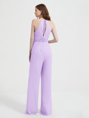 Halter Neckline Sleeveless Pleated Jumpsuit With Sash Lilac Plus Size