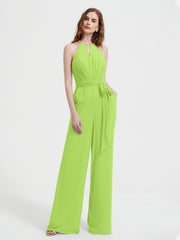 Halter Neckline Sleeveless Pleated Jumpsuit With Sash Lime Green