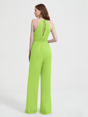 Halter Neckline Sleeveless Pleated Jumpsuit With Sash Lime Green Plus Size