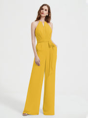 Halter Neckline Sleeveless Pleated Jumpsuit With Sash Marigold