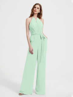 Halter Neckline Sleeveless Pleated Jumpsuit With Sash Mint Green Plus Size