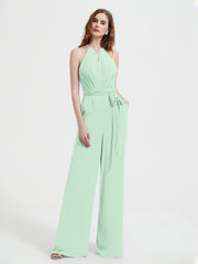Halter Neckline Sleeveless Pleated Jumpsuit With Sash Mint Green