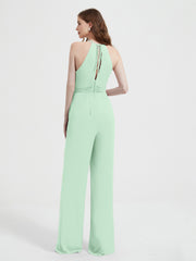 Halter Neckline Sleeveless Pleated Jumpsuit With Sash Mint Green Plus Size