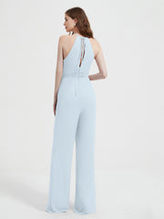 Halter Neckline Sleeveless Pleated Jumpsuit With Sash Mist