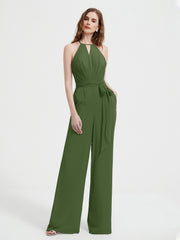 Halter Neckline Sleeveless Pleated Jumpsuit With Sash Moss
