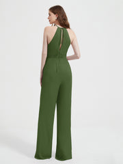 Halter Neckline Sleeveless Pleated Jumpsuit With Sash Moss