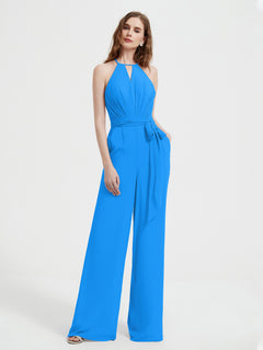 Halter Neckline Sleeveless Pleated Jumpsuit With Sash Ocean Blue