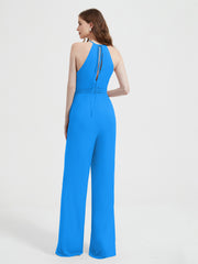 Halter Neckline Sleeveless Pleated Jumpsuit With Sash Ocean Blue Plus Size