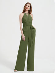 Halter Neckline Sleeveless Pleated Jumpsuit With Sash Olive Green