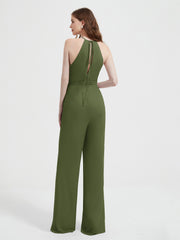 Halter Neckline Sleeveless Pleated Jumpsuit With Sash Olive Green Plus Size