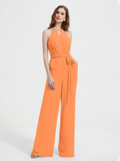 Halter Neckline Sleeveless Pleated Jumpsuit With Sash Orange