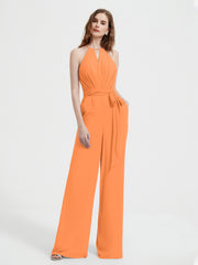 Halter Neckline Sleeveless Pleated Jumpsuit With Sash Orange Plus Size