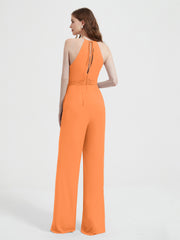Halter Neckline Sleeveless Pleated Jumpsuit With Sash Orange Plus Size