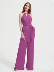 Halter Neckline Sleeveless Pleated Jumpsuit With Sash Orchid