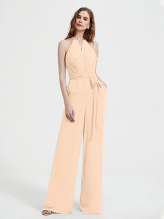 Halter Neckline Sleeveless Pleated Jumpsuit With Sash Peach