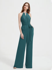 Halter Neckline Sleeveless Pleated Jumpsuit With Sash Peacock