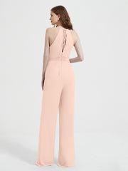 Halter Neckline Sleeveless Pleated Jumpsuit With Sash Pearl Pink