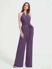 Halter Neckline Sleeveless Pleated Jumpsuit With Sash Plum Plus Size