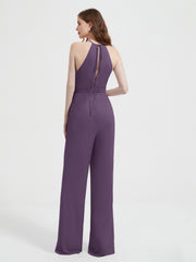 Halter Neckline Sleeveless Pleated Jumpsuit With Sash Plum Plus Size
