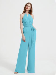 Halter Neckline Sleeveless Pleated Jumpsuit With Sash Pool