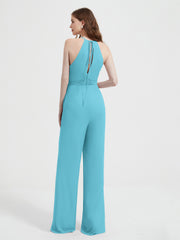 Halter Neckline Sleeveless Pleated Jumpsuit With Sash Pool Plus Size