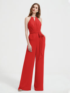 Halter Neckline Sleeveless Pleated Jumpsuit With Sash Red Plus Size