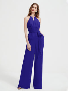 Halter Neckline Sleeveless Pleated Jumpsuit With Sash Royal Blue Plus Size