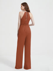 Halter Neckline Sleeveless Pleated Jumpsuit With Sash Rust Plus Size