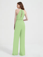 Halter Neckline Sleeveless Pleated Jumpsuit With Sash Sage Plus Size