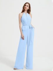 Halter Neckline Sleeveless Pleated Jumpsuit With Sash Sky Blue