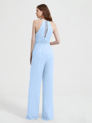 Halter Neckline Sleeveless Pleated Jumpsuit With Sash Sky Blue Plus Size