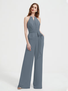 Halter Neckline Sleeveless Pleated Jumpsuit With Sash Slate Blue